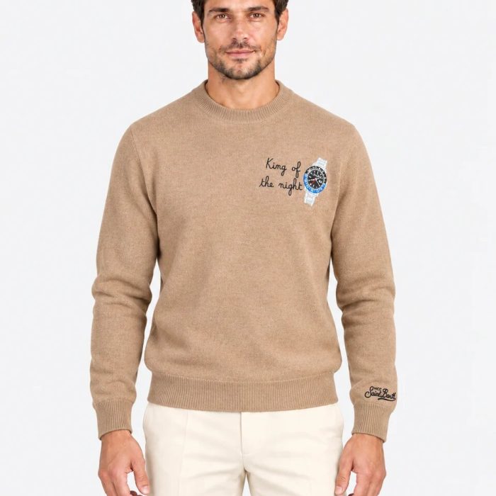 Maglia girocollo Heron Light beige in misto lana e cashmere con ricamo King Of T